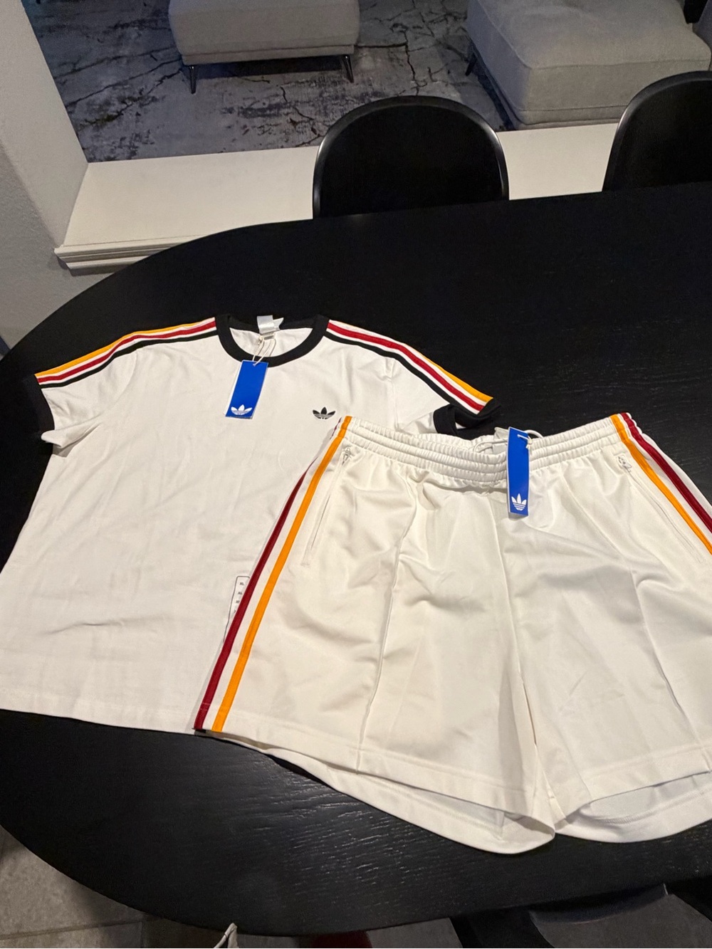 adidas White Short Sleeve Tee & Shorts Set with Red and Yellow Stripes